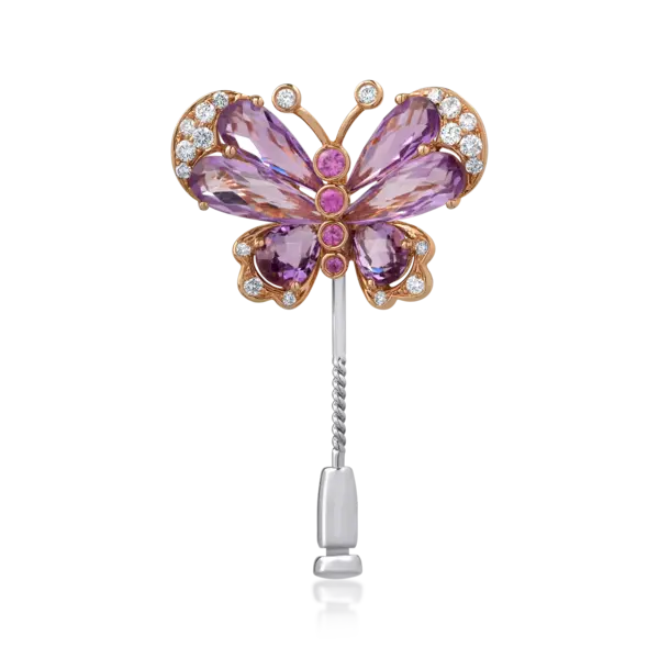 Brosa fluture din aur alb-roz cu pietre pretioase si semipretioase de 5.96ct