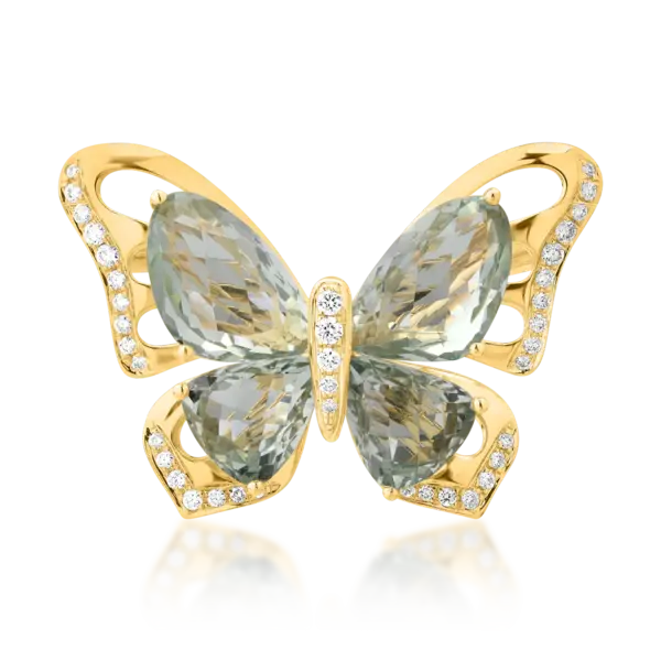 Brosa fluture din aur galben cu ametiste verzi de 11.8ct detasabile si diamante de 0.39ct