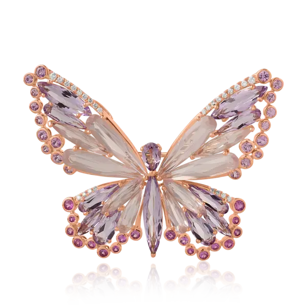 Brosa fluture din aur roz cu pietre pretioase si semipretioase de 17.98ct
