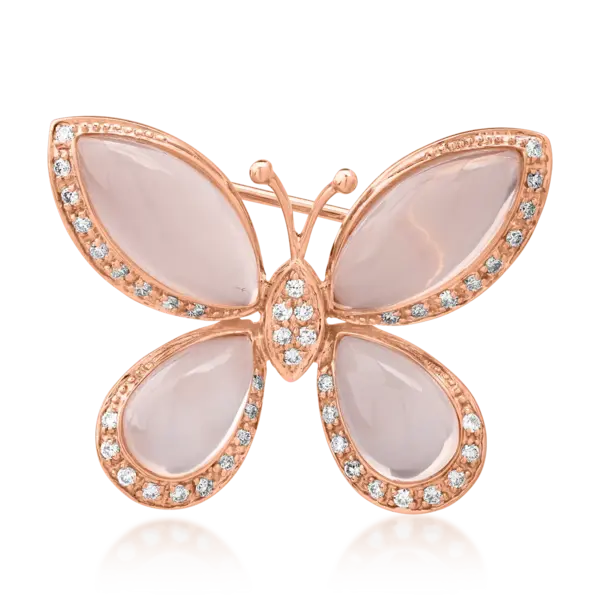 Brosa fluture din aur roz cu quartz roz marquise si pear de 13.646ct si diamante de 0.334ct