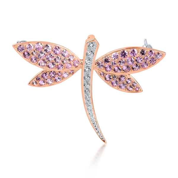 Brosa libelula din aur alb-roz cu safire roz de 1.7ct si diamante de 0.2ct