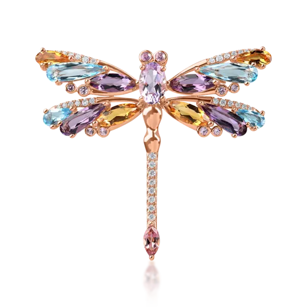 Brosa libelula din aur roz cu pietre pretioase si semipretioase de 7.4ct