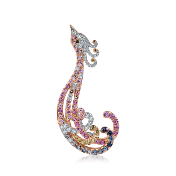 Brosa paun din aur alb-roz cu diamante de 0.3ct si safire multicolore de 0.5ct