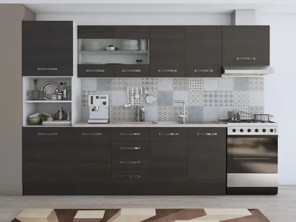 Bucatarie Alfabet cu corp soldat si vitrina, 300 cm, Wenge