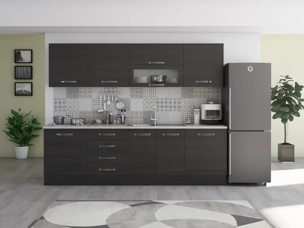 Bucatarie Alfabet cu corp vitrina, 260 cm, Wenge