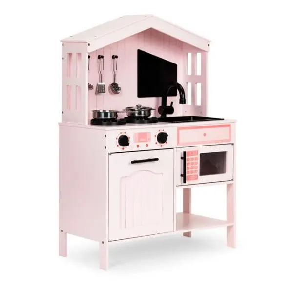 Bucatarie copii Ecotoys, din lemn cu accesorii, roz KID000012, la doar 385,00 lei