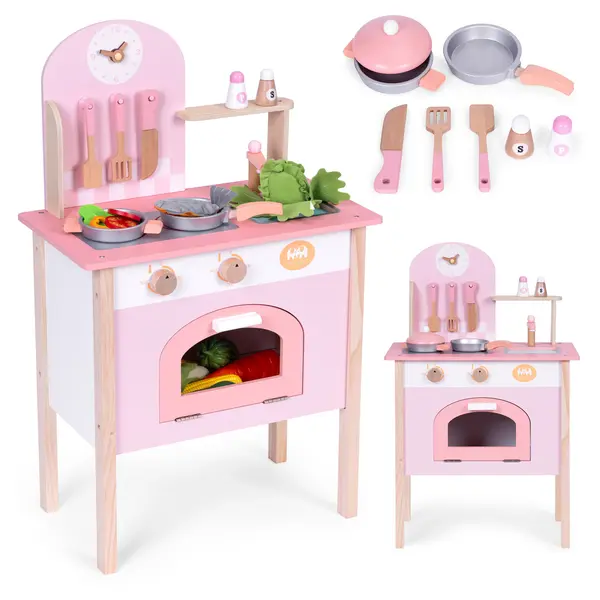 Bucatarie copii Ecotoys, lemn, 8 accesorii, roz KID003907, la doar 268,00 lei