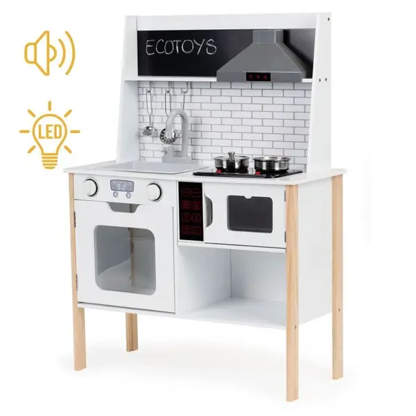Bucatarie copii Ecotoys, lemn, accesorii, sunete si lumini, alb KID975389, la doar 383,00 lei