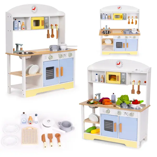 Bucatarie copii Ecotoys, lemn, cuptor microunde, masina de spalat, 12 accesorii, multicolor KID007349, la doar 384,00 lei