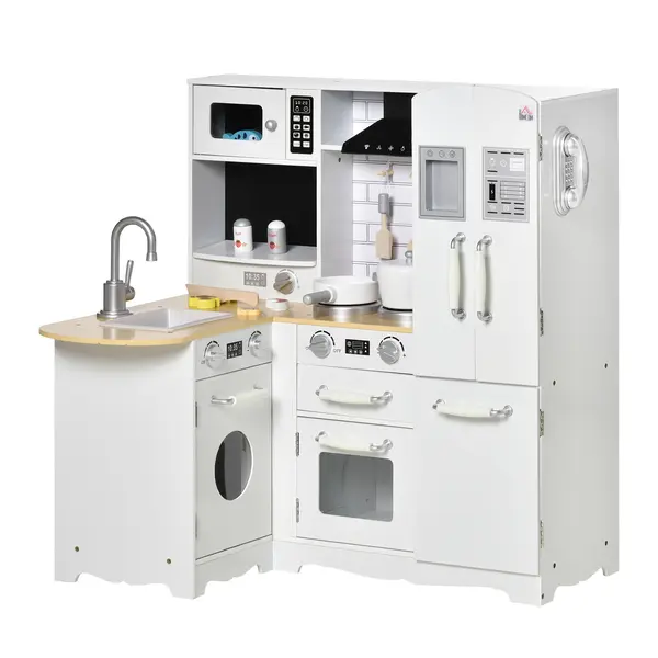 Bucatarie jucarie pentru copii 3-6 ani cu 2 oale, 3 cutite si furculite, 2 sticle si multe altele, alba, 82x65x87cm HOMCOM | Aosom Romania