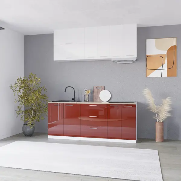Bucatarie Love MDF lucios, 200 cm, Alb/Rosu