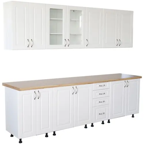 Bucatarie Zebra 260 cm din MDF Alb Mat cu blat termoizolant imitatie artar