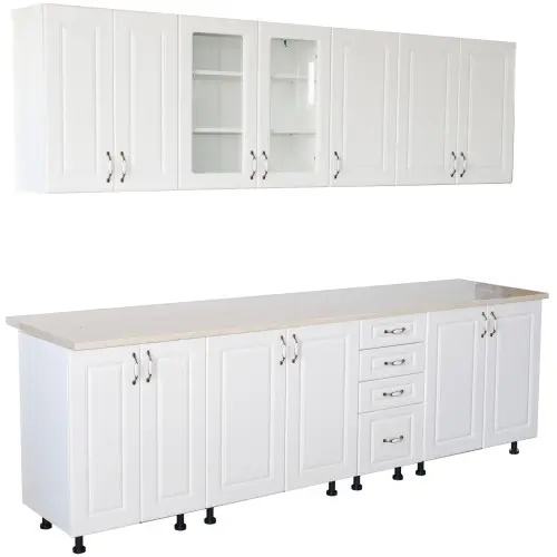 Bucatarie Zebra 260 cm din MDF Alb Mat cu blat termoizolant imitatie Alb / Bej