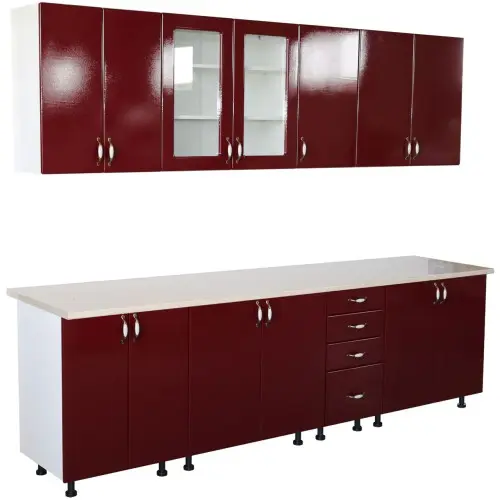 Bucatarie Zebra 260 cm din MDF Rosu Simplu cu blat termoizolant alb/bej