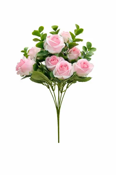 Buchet 11 trandafiri artificiali roz pal, frunze si eucalipt decorativ, 30cm