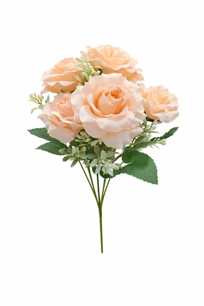 Buchet 7 trandafiri artificiali nuanta piersica delicata, frunze si boboci decorativi 30cm