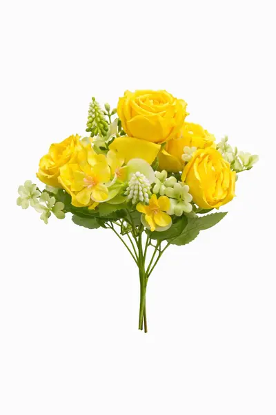 Buchet artificial 4 trandafiri galbeni cu flori albe decorative