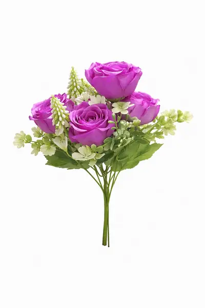 Buchet artificial 4 trandafiri mov cu flori albe decorative