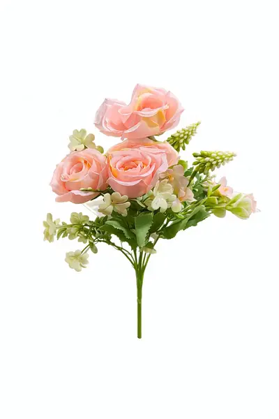 Buchet artificial 4 trandafiri roz pal cu flori albe decorative