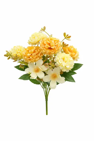 Buchet artificial 6 bujori si 3 flori decorative galben crem, 30 cm