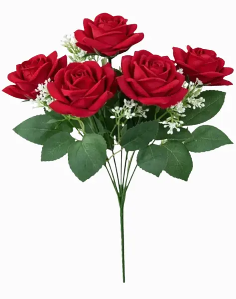 Buchet artificial deosebit cu 7 trandafiri catifelati rosu intens 30 cm