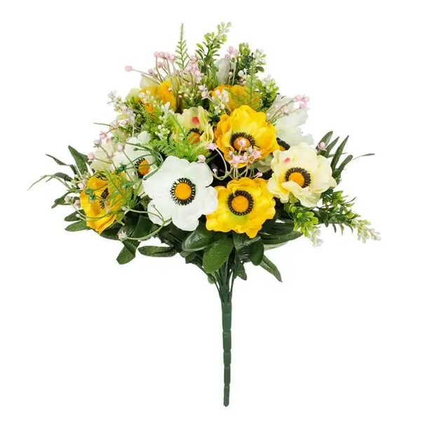Buchet decorativ artificial cu flori de anemone galbene,plastic,40 cm