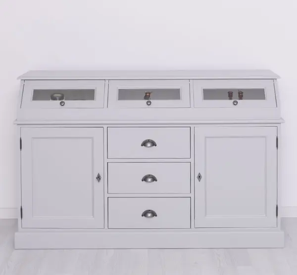Bufet cu 2 usi, 3 sertare, 3 compartimente cu usa sticla, BAS cu finisaj Cool Grey / White