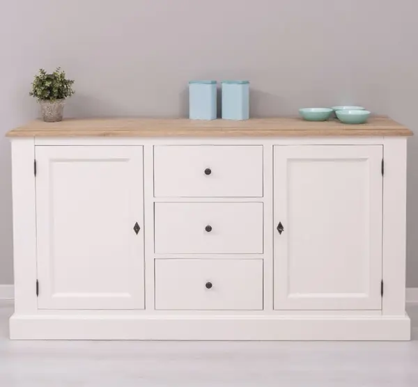 Bufet cu 2 usi, 3 sertare, blat stejar, BAS cu finisaj Signal White / Natural