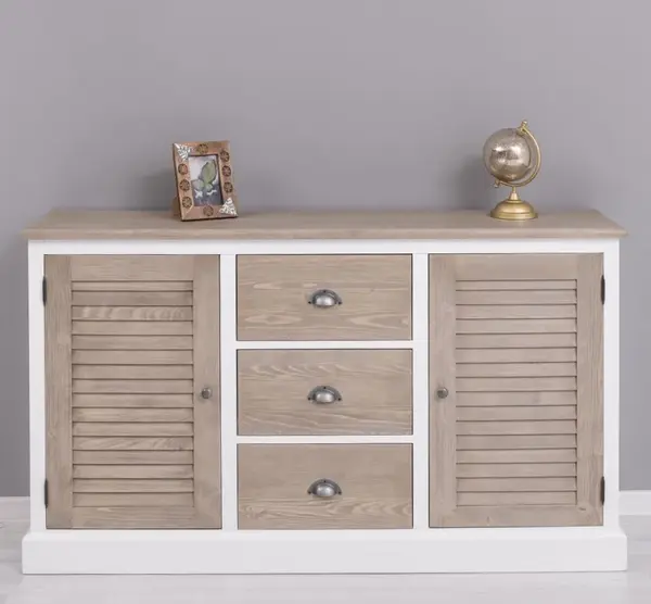 Bufet cu 3 sertare cu sine cu inchidere automata si 2 usi Colectia Shutter, cu blat din brad - Culoare Top_P037 - Culoare Corp_P cu finisaj Dublu color