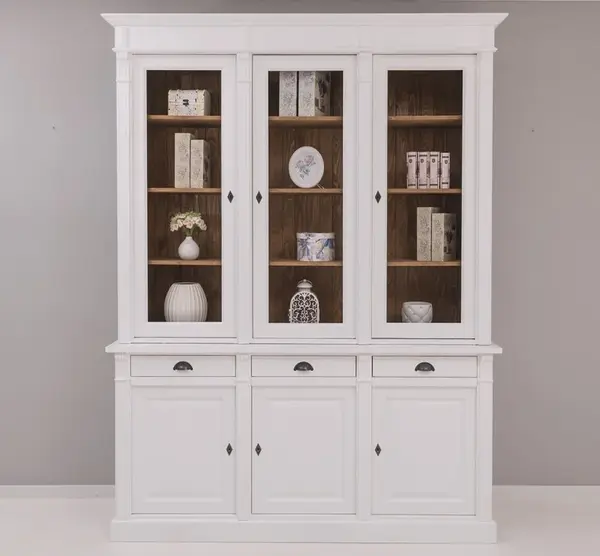 Bufet cu 3 usi, 3 sertare BAS + 3 usi sticla SUP, Colectia Directoire cu finisaj White / Walnut Waxed