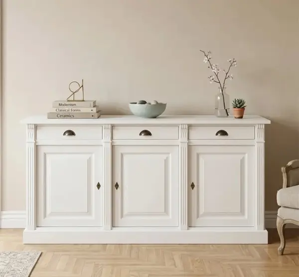 Bufet cu 3 usi, 3 sertare, BAS Colectia Directoire cu finisaj Signal White