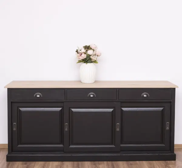 Bufet cu 3 usi glisante,3 sertare, blat stejar, BAS cu finisaj Black / Natural