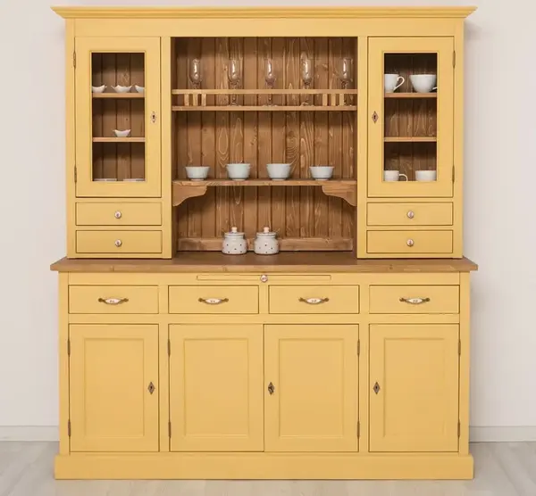 Bufet cu 4 usi, 4 sertare BAS + 2 usi sticla, 4 sertare, spatiu deschis SUP cu finisaj Sand Yellow / Walnut Waxed