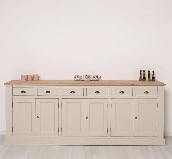 Bufet cu 6 usi si 6 sertare, blat stejar, BAS cu finisaj Light Greige Antic / Natural