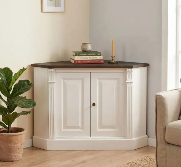 Bufet pentru colt, 2 usi, BAS, Colectia Directoire cu finisaj Signal White / Coco Brown