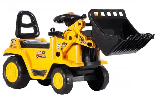 Buldozer copii fara pedale Malplay Under Construction Galben prevazut cu cheie, cupa mobila, spatiu depozitare sub scaun, greutatea maxima suportata 27 kg