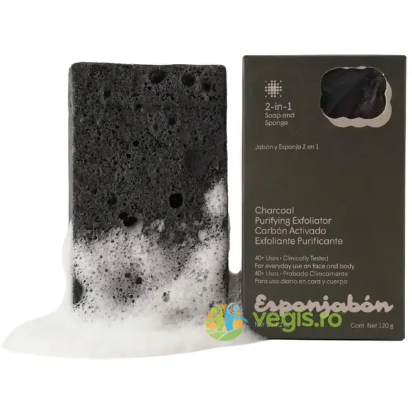 Burete de Baie si Sapun Incorporat 2 in 1 cu Efect Purifiant si Exfoliant cu Carbune Activ 120g