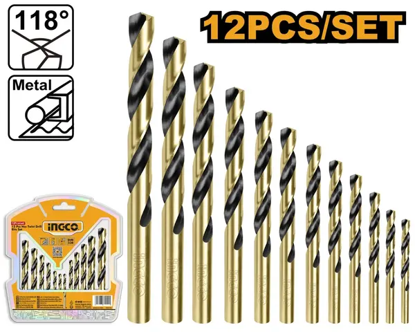 Burghie HSS Metal Set 12 buc INGCO AKDB1125 2-8mm, Oțel Rapid pentru Gaurire Precisa in Otel si Aluminiu, Set Complet cu Cutie Depozitare