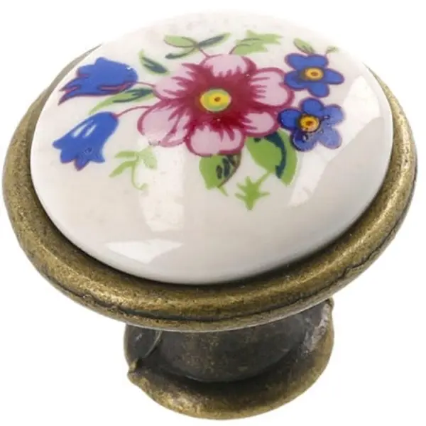 Buton Ceramica Model J4, Finisaj Antic Auriu/Floare Rosie