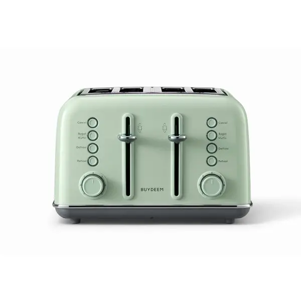 BUYDEEM Toaster retro Buydeem cu 4 felii, 1800 W, fante foarte largi, otel inoxidabil, functie bagel si briosa, tava pentru firimituri detasabila, 7 setari de nuante de paine prajita, Verde