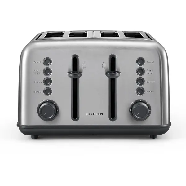 BUYDEEM Toaster retro Buydeem cu 4 felii, fante foarte largi, otel inoxidabil, functie bagel si briosa, tava pentru firimituri detasabila, 7 setari de nuante de paine prajita, Argintiu
