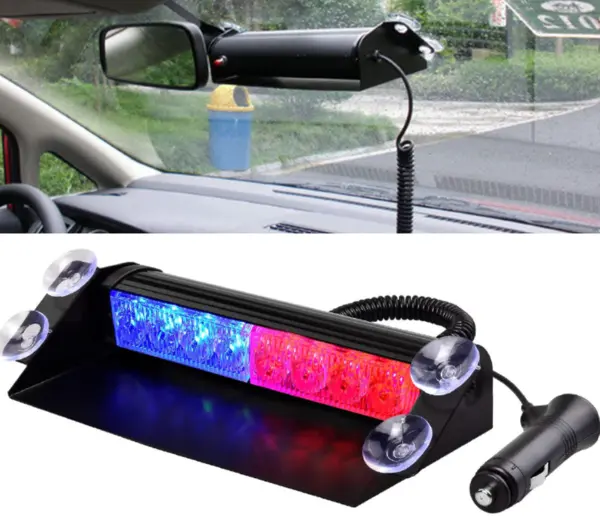 BZRSH Stroboscop LED COB Parbriz Rosu Albastru 12V 8 Moduri Ventuze Mufa Bricheta