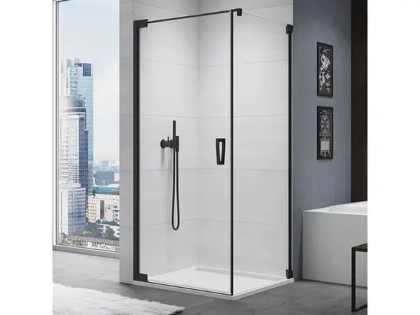 Cabina de dus 90x75 cm cu usa batanta si profil compensator, negru mat, instalare usa stanga, Ronal Cadura