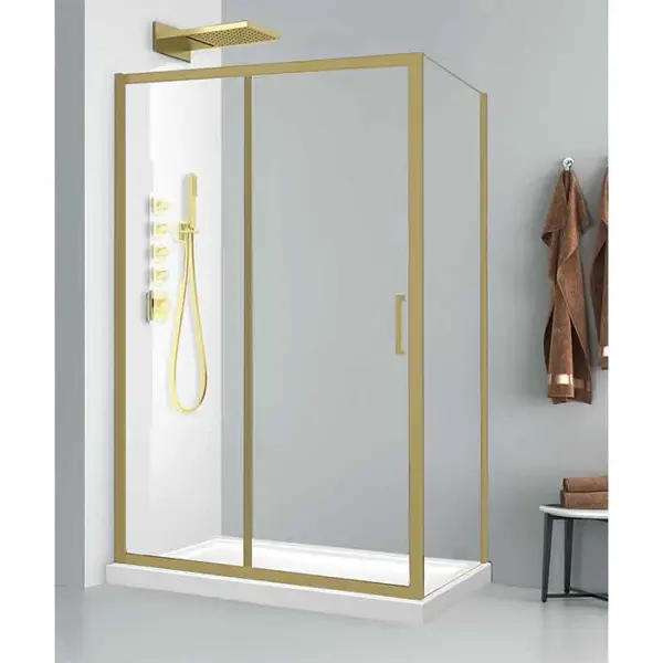 Cabina de dus dreptunghiulara din aluminiu auriu periat, 100 x 80 cm, sticla securizata 6 mm, Fluminia Iris