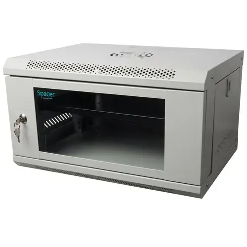Cabinet 19″ SPACER 6U 500x400mm, fixare pe perete, Flatpack (dezasamblat), usa sticla cu blocare, panouri detasabile, otel 1mm, sarcina maxima 25Kg, contine un raft, Gri
