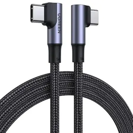 CABLU alimentare si date Ugreen, "US335", Fast Charging Data Cable pt. smartphone, USB Type-C la USB Type-C 100W/5A Complete Angled 90xxxx, braided, 2m, negru 70698