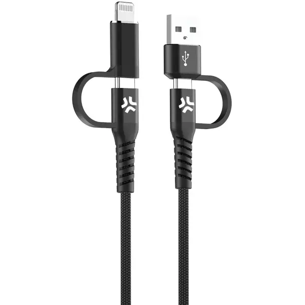Cablu date Celly PowerDelivery MFI, USB-A/USB-C, TypeC/Lightning, 4in1, 2m, 60W, Negru