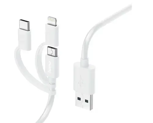 Cablu date Hama 201535, 3-in-1, Micro-USB/USB-C/Lightning, 1.0 m (Alb)
