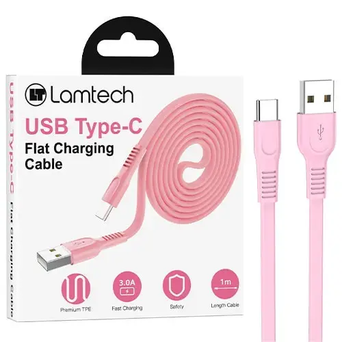 Cablu Date si Incarcare Lamtech, USB la Type-C, Plat, 3A, 1m, Roz