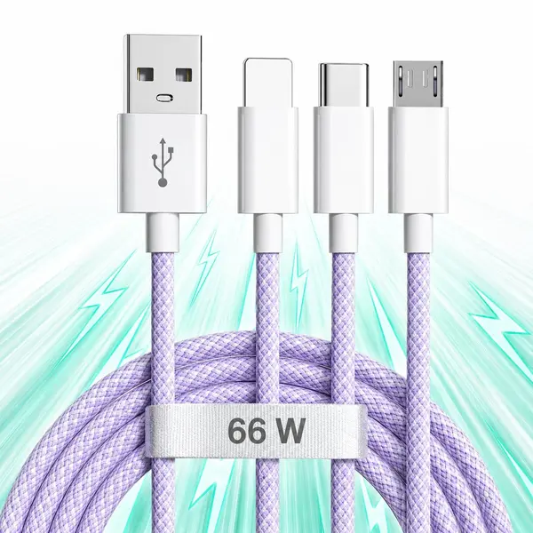 Cablu Date si Incarcare Rapida Timebox, 3 in 1, 66W, 2 m, QC 3, USB, Type-C, Mov - Default Title